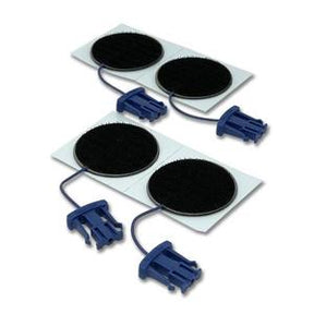 Black round TENS electrode pads with blue connectors for medical therapy devices