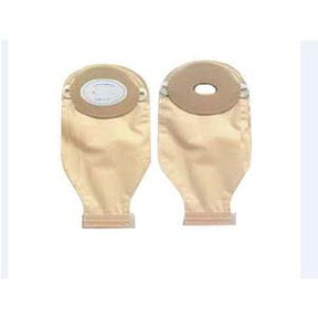 Two beige ostomy bags for medical use, shown front and back on a white background.