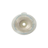Transparent ostomy barrier with adhesive ring for medical stoma care on white background