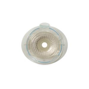 Transparent ostomy barrier with adhesive ring for medical stoma care on white background