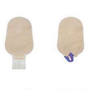 Beige medical ostomy bags with drainage tabs on white background, essential medical supplies
