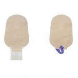 Beige medical ostomy bags with drainage tabs on white background, essential medical supplies