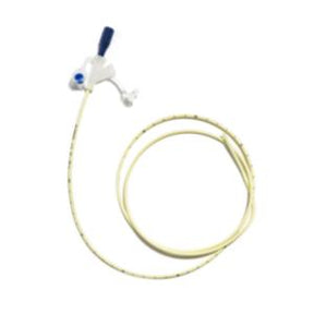 Sterile medical feeding tube with connector, coiled on white background