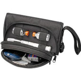 Black medical supply travel bag open, showing insulin pens, vials, and diabetes supplies inside