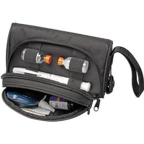Black medical supply travel bag open, showing insulin pens, vials, and diabetes supplies inside