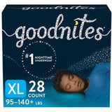 Goodnites nighttime underwear XL 28 count box for 95-140+ lbs, with sleeping child on packaging.