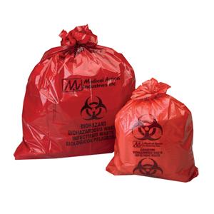 Two red biohazard waste bags for safe medical supply disposal on white background