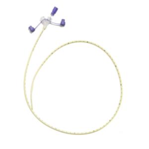 Medical feeding tube with purple connectors on white background, home health care supply