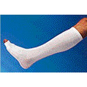 Medical compression sock on leg with open toe against blue background