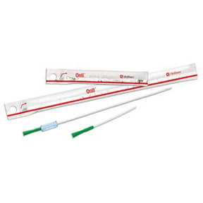 Sterile medical catheters with green and blue connectors, individual packaging, white background