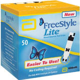 FreeStyle Lite blood glucose test strips box, 50 count, with butterfly logo and test strip image