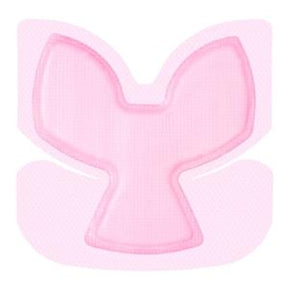 Pink butterfly-shaped medical adhesive patch on white background
