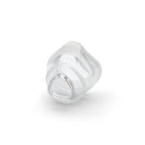 Clear silicone nasal mask cushion for CPAP, medical respiratory supply on white background