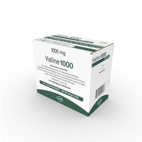 Valine1000 1000mg medical supplement box, white and green packaging on white background