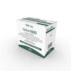 Valine1000 1000mg medical supplement box, white and green packaging on white background