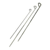 Three stainless steel medical guidewires of varying sizes on a white background