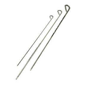 Three stainless steel medical guidewires of varying sizes on a white background