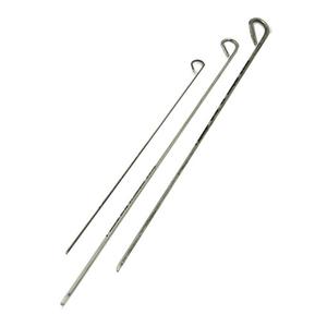 Three stainless steel medical guidewires of varying sizes on a white background