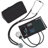 Manual blood pressure monitor with cuff, stethoscope, and black carrying case