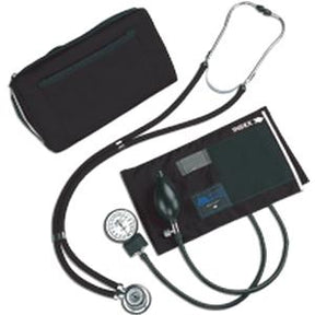 Manual blood pressure monitor with cuff, stethoscope, and black carrying case