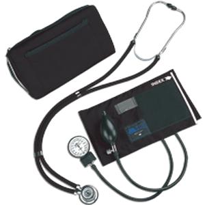 Manual blood pressure monitor with cuff, stethoscope, and black carrying case