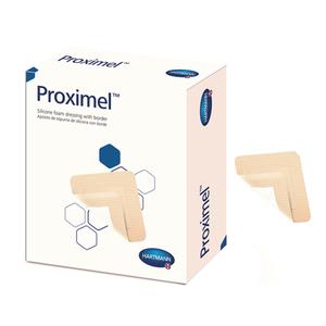 Proximel silicone foam dressing box with two corner-shaped medical bandages