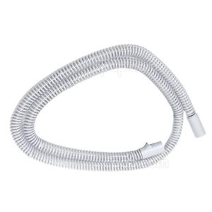 Flexible white CPAP hose for respiratory medical device on white background