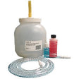 Enteral feeding kit with container, tubing, and medical solution bottles on white background