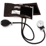Adult size manual blood pressure cuff with gauge and inflation bulb on white background