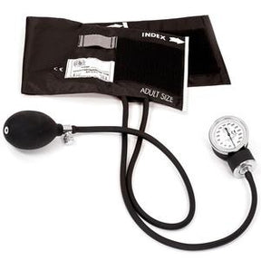 Adult size manual blood pressure cuff with gauge and inflation bulb on white background