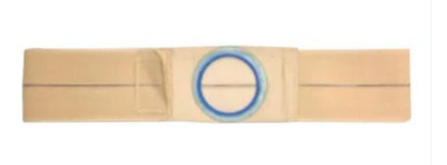 Beige medical ostomy belt with blue circular opening for stoma support