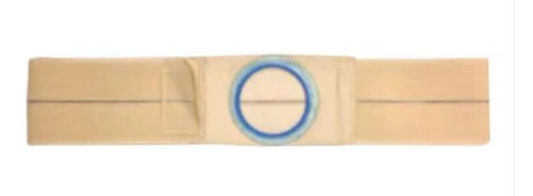 Ostomy belt with adjustable beige strap and blue circular opening for medical support