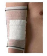 Compression bandage with absorbent pad on forearm for wound care and support