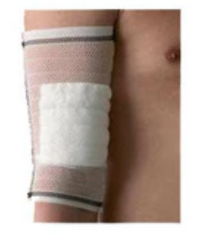 Compression bandage with absorbent pad on forearm for wound care and support