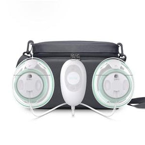 Portable electric breast pump kit with dual pumps and a black carrying bag