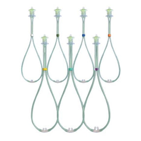 Assortment of nasal cannulas for oxygen therapy with colored connectors, home medical supplies