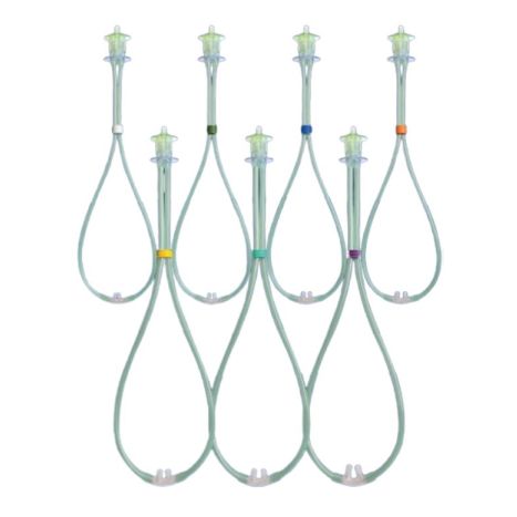 Assortment of nasal cannulas for oxygen therapy with colored connectors, home medical supplies