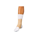 Compression sock on lower leg and foot, beige and white, for medical support