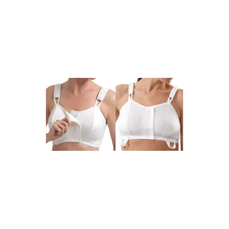 Front view of woman wearing a white post-surgical medical bra with adjustable straps