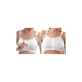 Front view of woman wearing a white post-surgical medical bra with adjustable straps