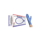 Blue nitrile exam glove on hand next to box of disposable medical gloves