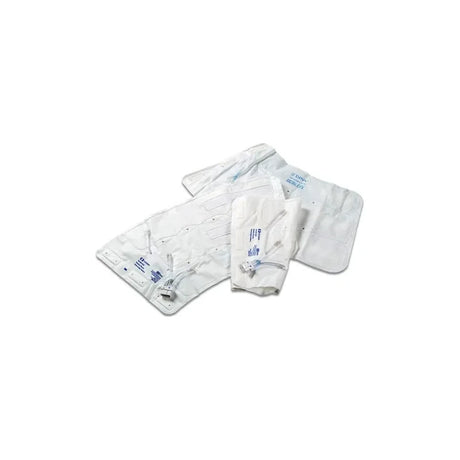 Disposable medical drainage bags and tubing set on white background
