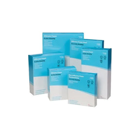 Assorted boxes of silicone foam wound dressings in blue and white packaging on white background