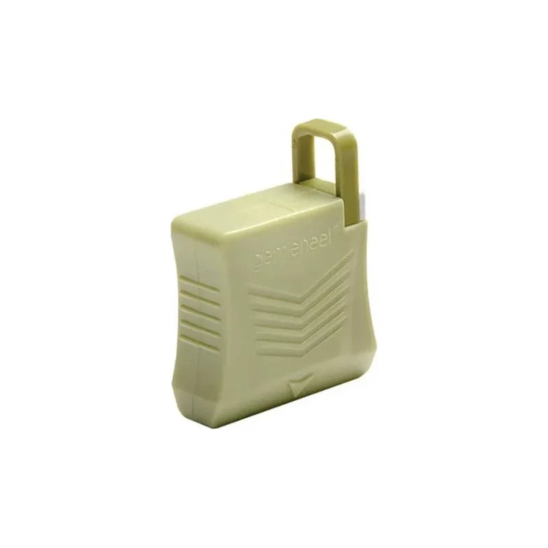 Beige sharps container with secure lid for medical needle disposal on white background