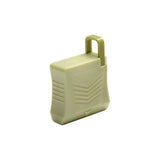 Beige sharps container with secure lid for medical needle disposal on white background