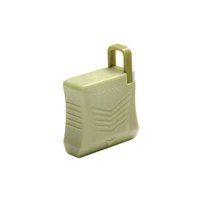 Beige sharps container with secure lid for medical needle disposal on white background