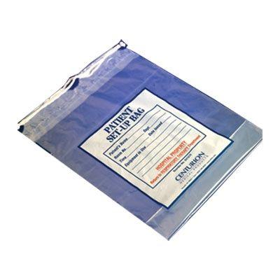 Clear patient setup bag with printed instructions for medical supply organization