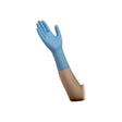 Hand wearing a blue disposable nitrile medical exam glove on white background
