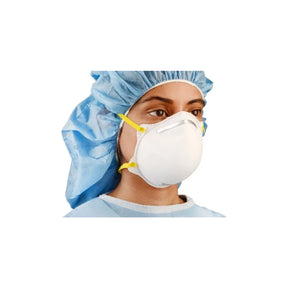 Healthcare worker wearing blue hair cover and N95 respirator mask for medical protection