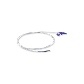 Medical feeding tube with purple connector on white background for home healthcare